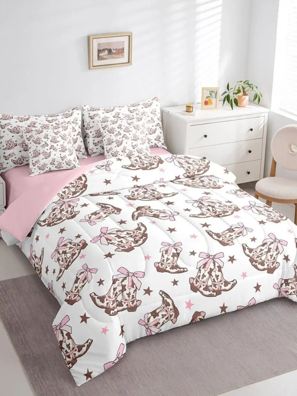 Cowgirl 7 Pieces Bedding Set Twin,Western Tribal Boots Pink Princess Bowknot Whi